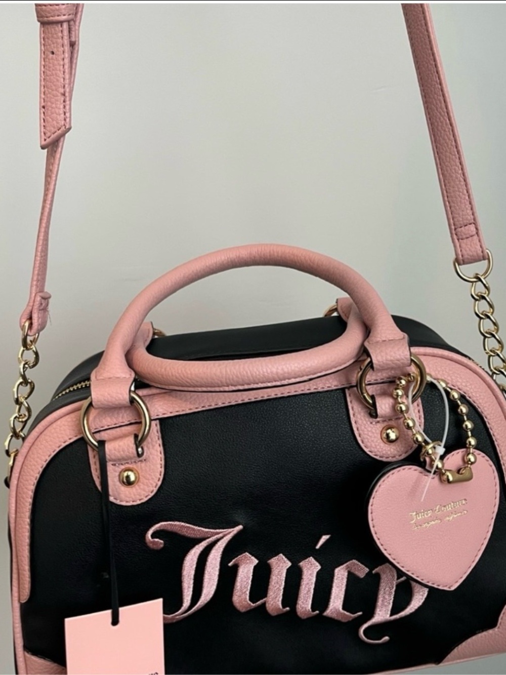 Juicy Couture Black and Pink Logo Heart Charm Crossbody Bag